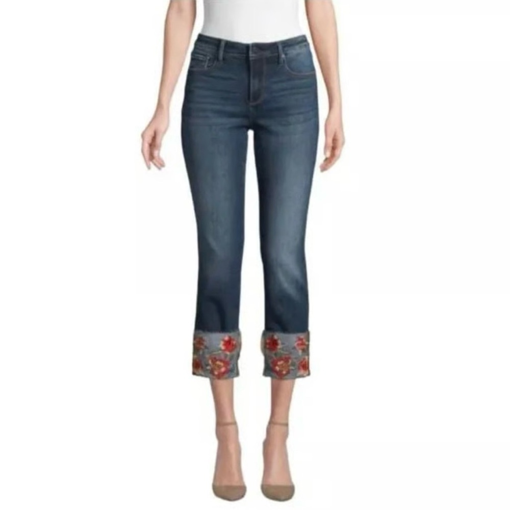 🤍🌷🧡Earl Jeans Navy Cropped Jeans with Red Floral Cuffs